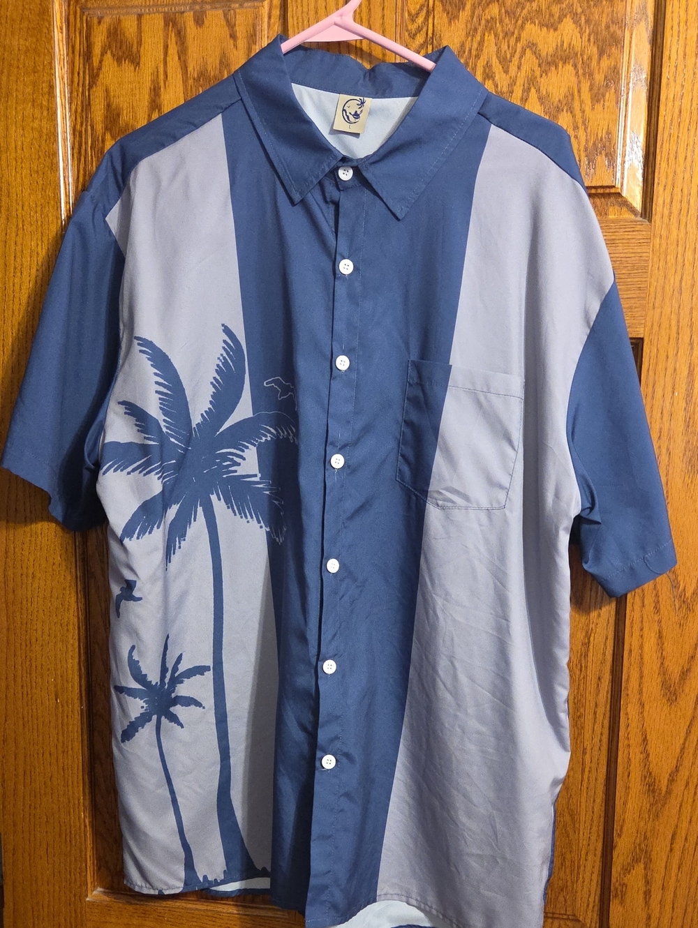 Men's Short-Sleeve Blue Palm Button-Down Shirt